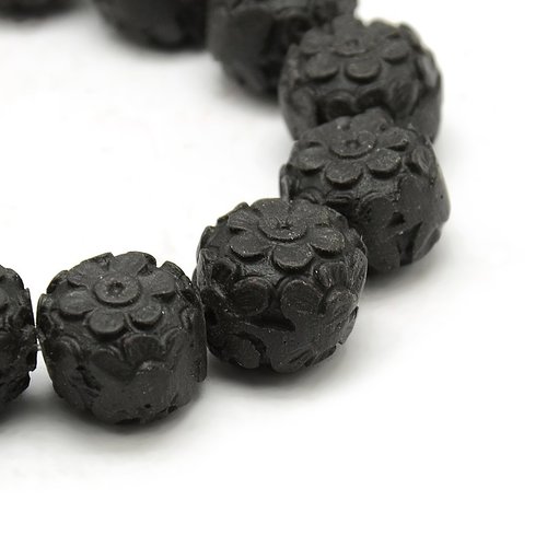 3 perles de cinabre noir ronde motif fleur 16 x 13mm trou 1mm