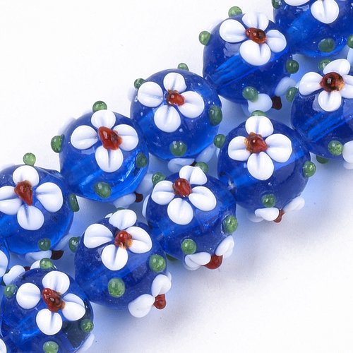 5 perles en verre fleur bleu 12mm