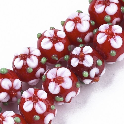 5 perles en verre fleur rouge 12mm