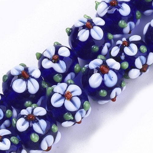 5 perles en verre fleur bleu moyen 12mm