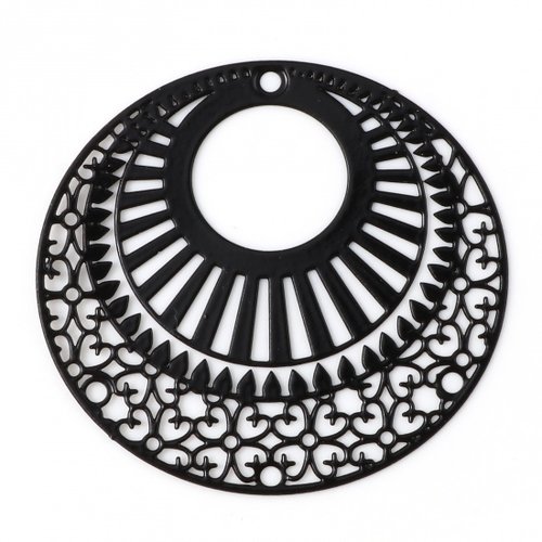 Pendentif estampe en filigrane ovale noir laqué fleurs 39 x 36mm(2 pieces)