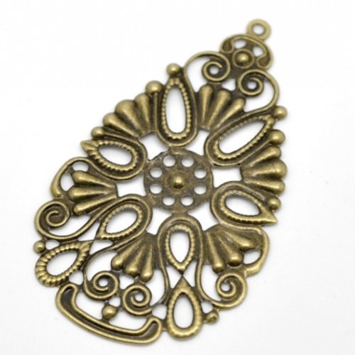 Pendentif estampe en filigrane goutte fleur metal bronze 68 x 40mm (2 pieces)