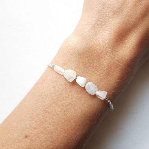 Bracelet pierre de lune perles puces et chaîne argent 925, cadeau femme