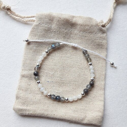 Bracelet fin en pierre de lune, labradorite et argent 925, cadeau femme