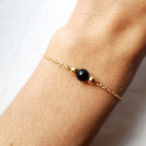 Bracelet pierre naturelle obsidienne noire et chaîne argent 925 doré à l'or fin, autres pierres au choix, cadeau femme