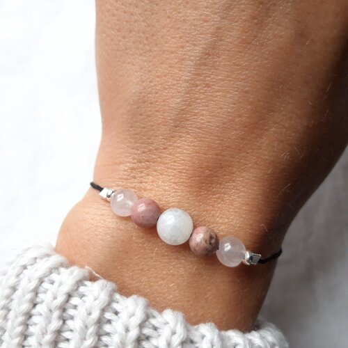 Bracelet &quot;amour&quot; en pierres naturelles, quartz rose, rhodonite, pierre de lune, cadeau femme