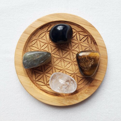 Lot pierres naturelles protection, obsidienne, œil-de-tigre, labradorite, cristal de roche