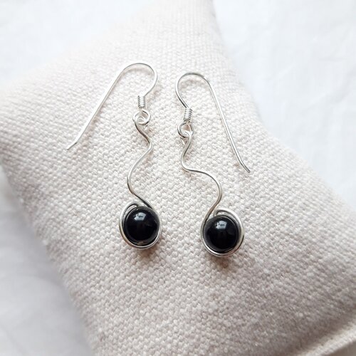 Boucles d'oreilles obsidienne noire pendantes argent 925, autres pierres au choix, cadeau femme