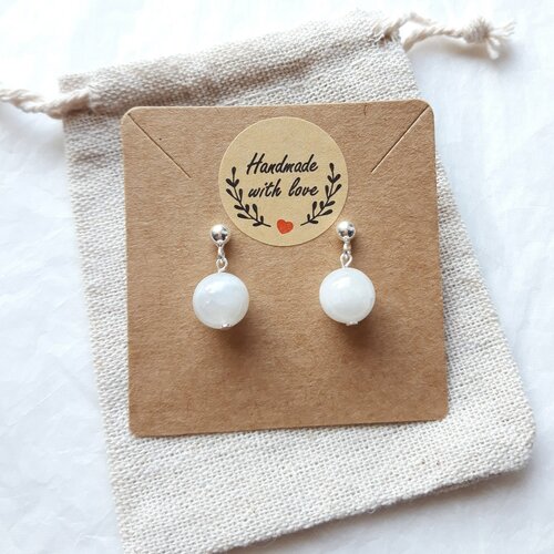 Boucles d'oreilles pierre de lune et clou argent 925, perles 10mm, cadeau femme
