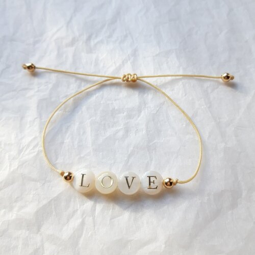 Bracelet love perles nacre et perles argent 925 doré à l'or fin, bracelet à personnaliser, cadeau femme, cadeau saint-valentin