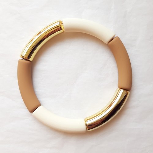Bracelet jonc en perles tubes incurvés en acrylique blanc cassé/ camel/ doré, cadeau femme