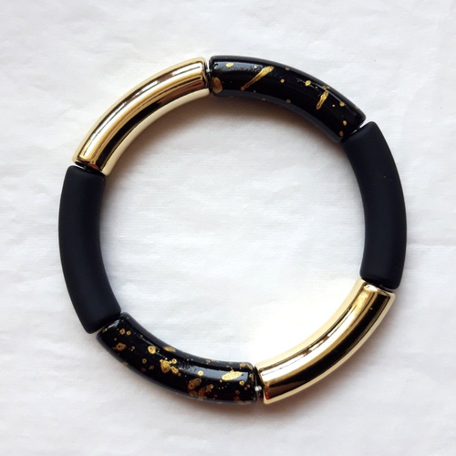 Bracelet jonc en perles tubes incurvés en acrylique noir / doré, cadeau femme