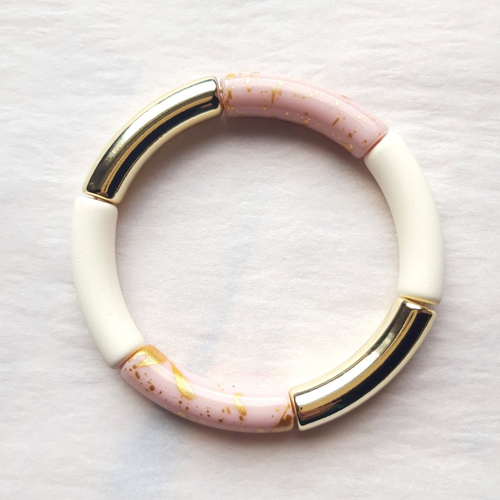 Bracelet jonc en perles tubes incurvés en acrylique rose doré/ blanc cassé/ doré, cadeau femme