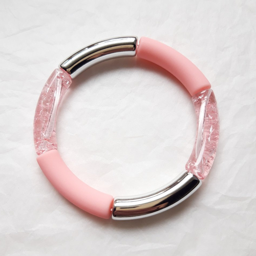 Bracelet jonc tubes incurvés en acrylique rose bubble-gum/rose craquelé/argenté, cadeau femme