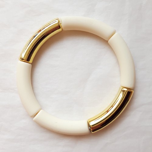 Bracelet jonc en perles tubes incurvés en acrylique blanc cassé/ doré, cadeau femme