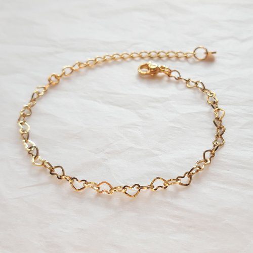 Bracelet chaîne maille cœurs en acier inoxydable doré avec chainette réglable, cadeau femme