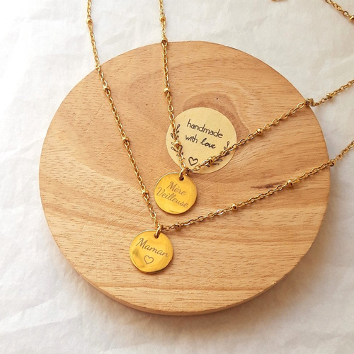 Collier personnalisé médaille gravée en acier inoxydable doré