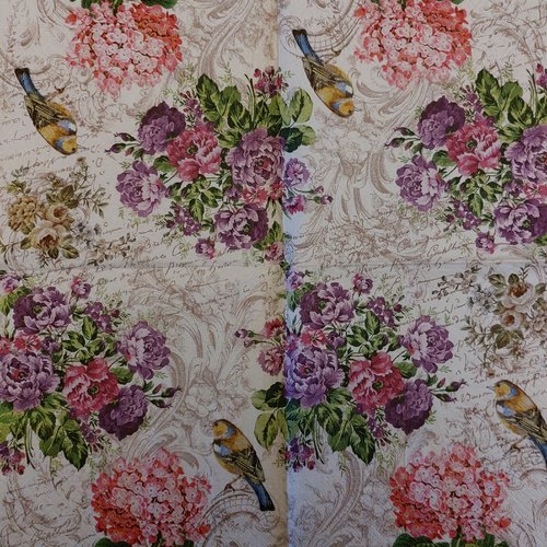 Serviette en papier fleurs hortensia oiseau (623)