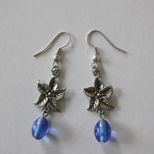 Boucles d'oreilles breloque argentée et perle bleue.