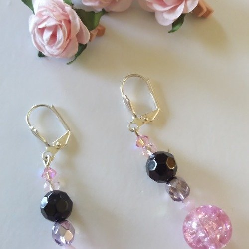 Boucles d'oreille en cristal noir/rose/transparent