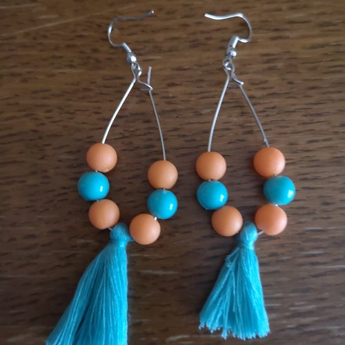 Boucles d'oreilles pendants turquoise & orange 