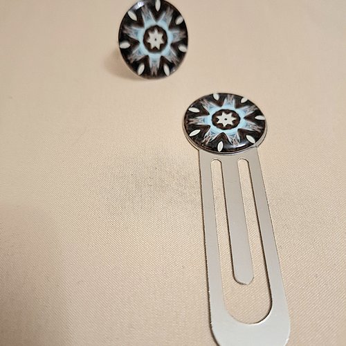 Parure bague et marque page mosaïque noire bleue