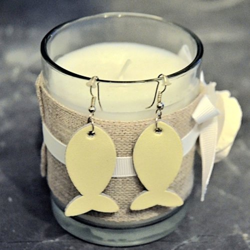 Boucles d'oreilles pendantes petits poisson beige cuir