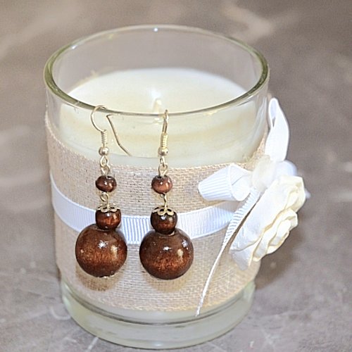 Boucles d'oreilles pendantes perles bois marron