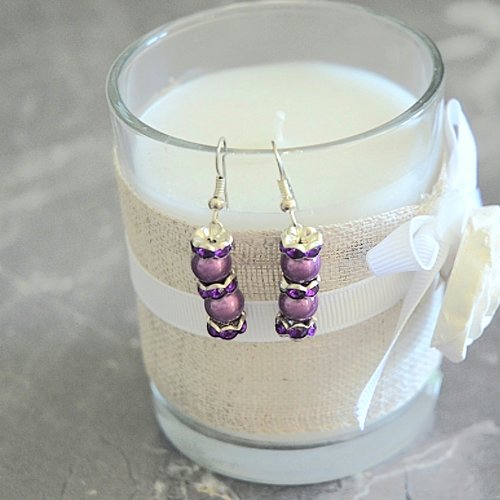Boucles d'oreilles pendantes perles magiques violet et argent