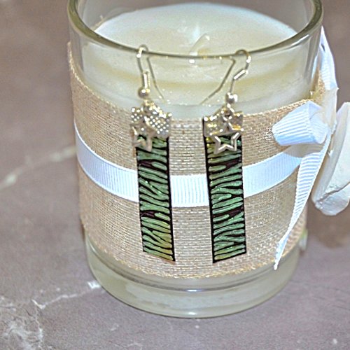 Boucles d'oreilles pendantes tissu vert noir étoile argentee