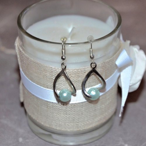 Boucles d'oreilles pendantes argentees perle bleu ciel