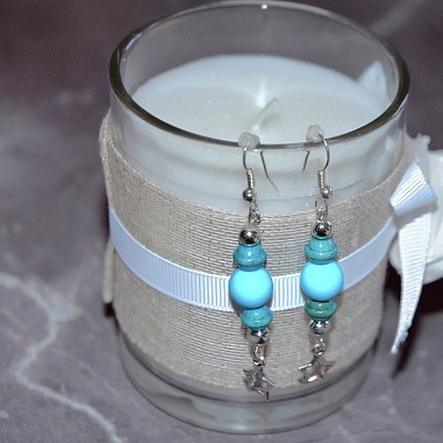 Boucles d'oreilles pendantes perles bleu étoile argentee