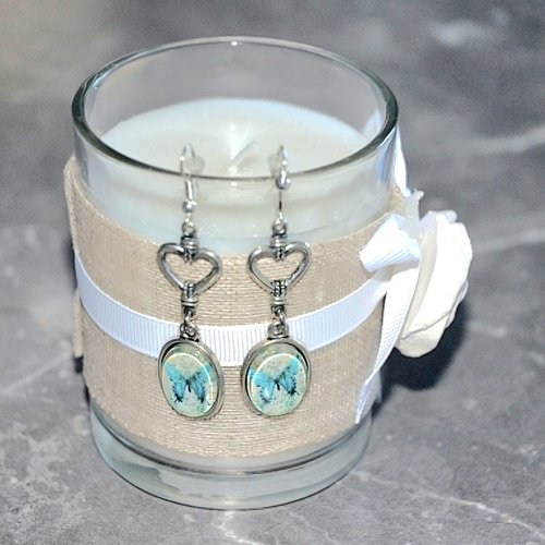Boucles d'oreilles pendantes cœur argenté cabochon papillon turquoise