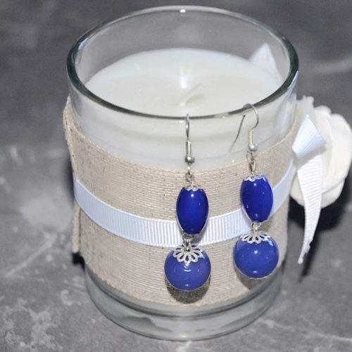 Boucles d'oreilles pendantes duo de perles bleu