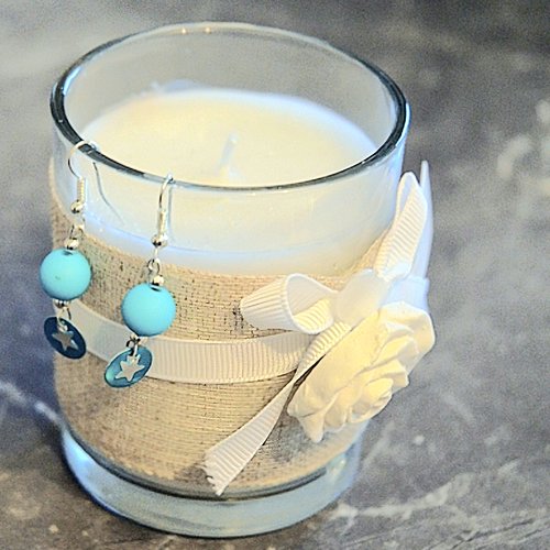 Boucles d'oreilles pendantes perles bleu et sequin assorti