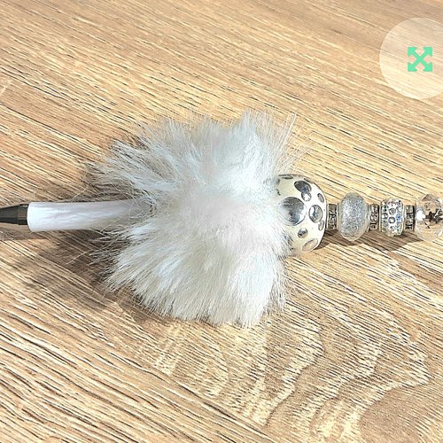 Stylo froufrou blanc perles argentees