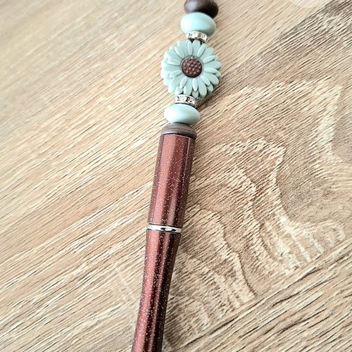 Stylo marron métallisé marguerite kaki