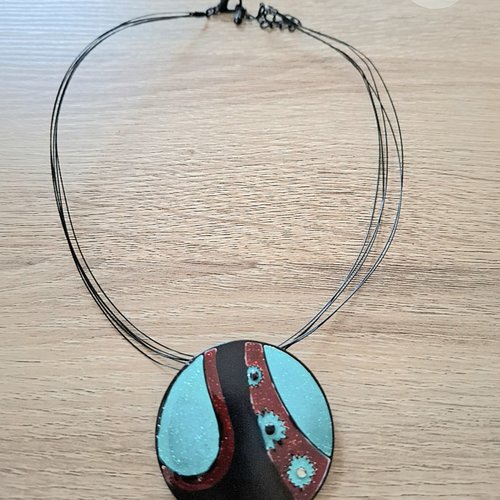 Collier tour du cou acier noir pendentif email noir turquoise