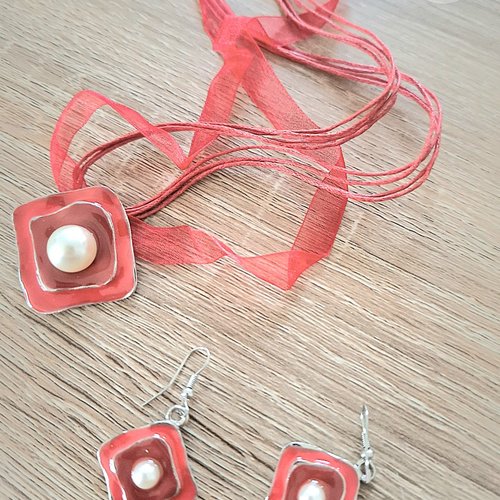 Parure collier boucles d'oreilles argent et rouge