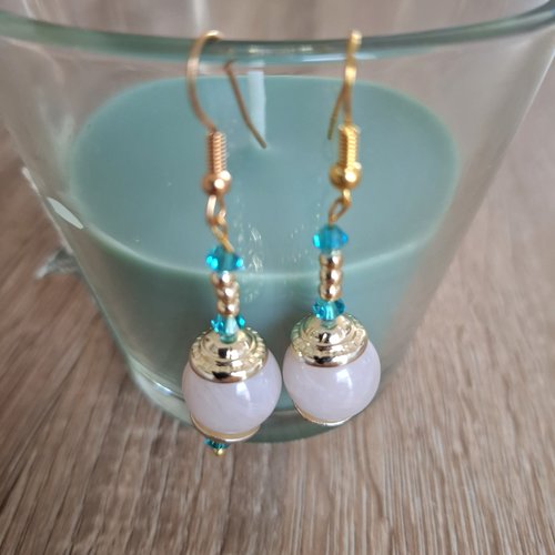 Boucles d'oreilles pendantes blanc or turquoise