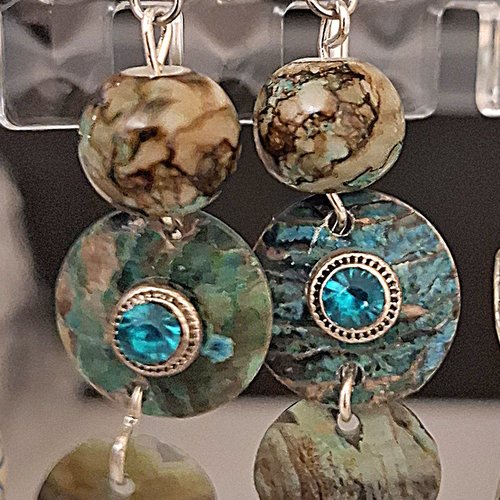 Boucles d'oreilles pendantes nacre bleu et marron