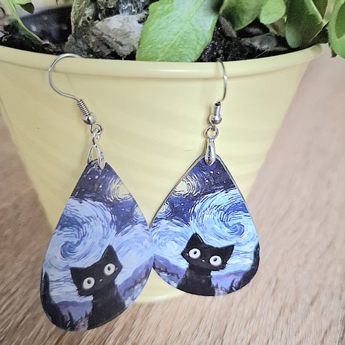 Boucles d'oreilles pendantes chats noirs