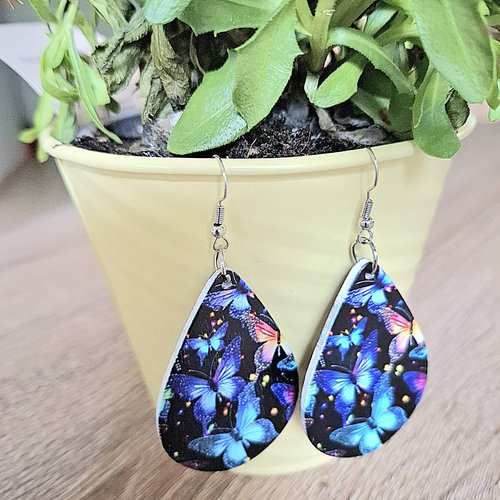 Boucles d'oreilles pendantes papillons bleus