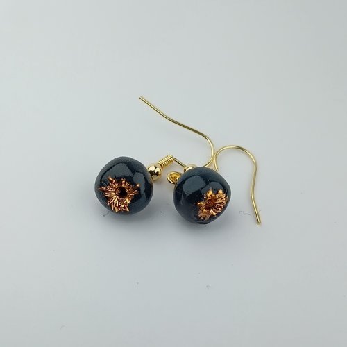 Boucles d'oreilles porcelaine noire or viva