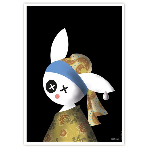 Affiche déco illustration originale "le lapin à la perle " (aprés j. vermeer)
