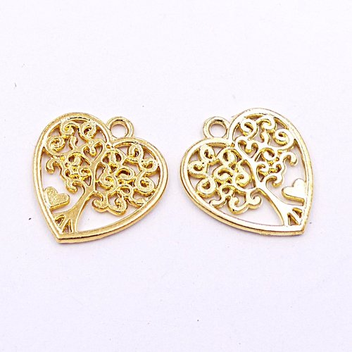 Duo de pendentifs coeurs en métal doré, motif arbre, pour créations de bijoux, loisirs créatifs, travaux manuels