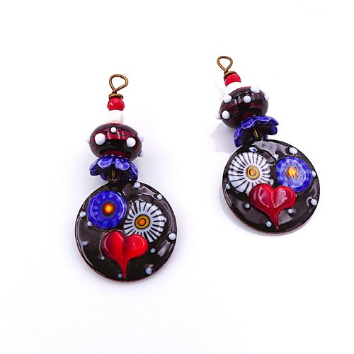 Destockage atelier - lot de 2 pendentifs artisanaux cuivre émaillé et perles verre filé, lot unique fait main