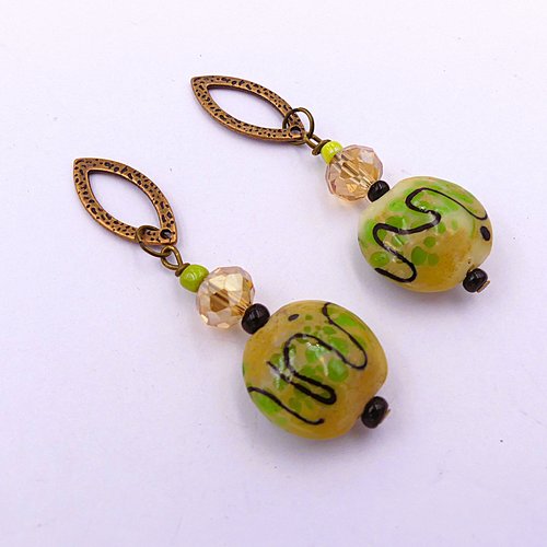 2 pendentifs fait main, perles verre aplaties, perles verre soucoupes, métal cuivré