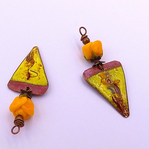 Pendentifs pour créations, cuivre émaillé, perles boutons de fleur verre, lot de 2, lot unique