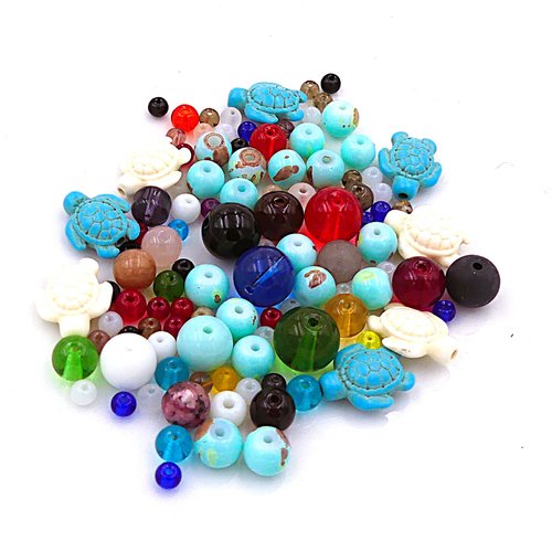 Mélange de 55 perles en verre, pierre de  shoushan et howlite synthétique
